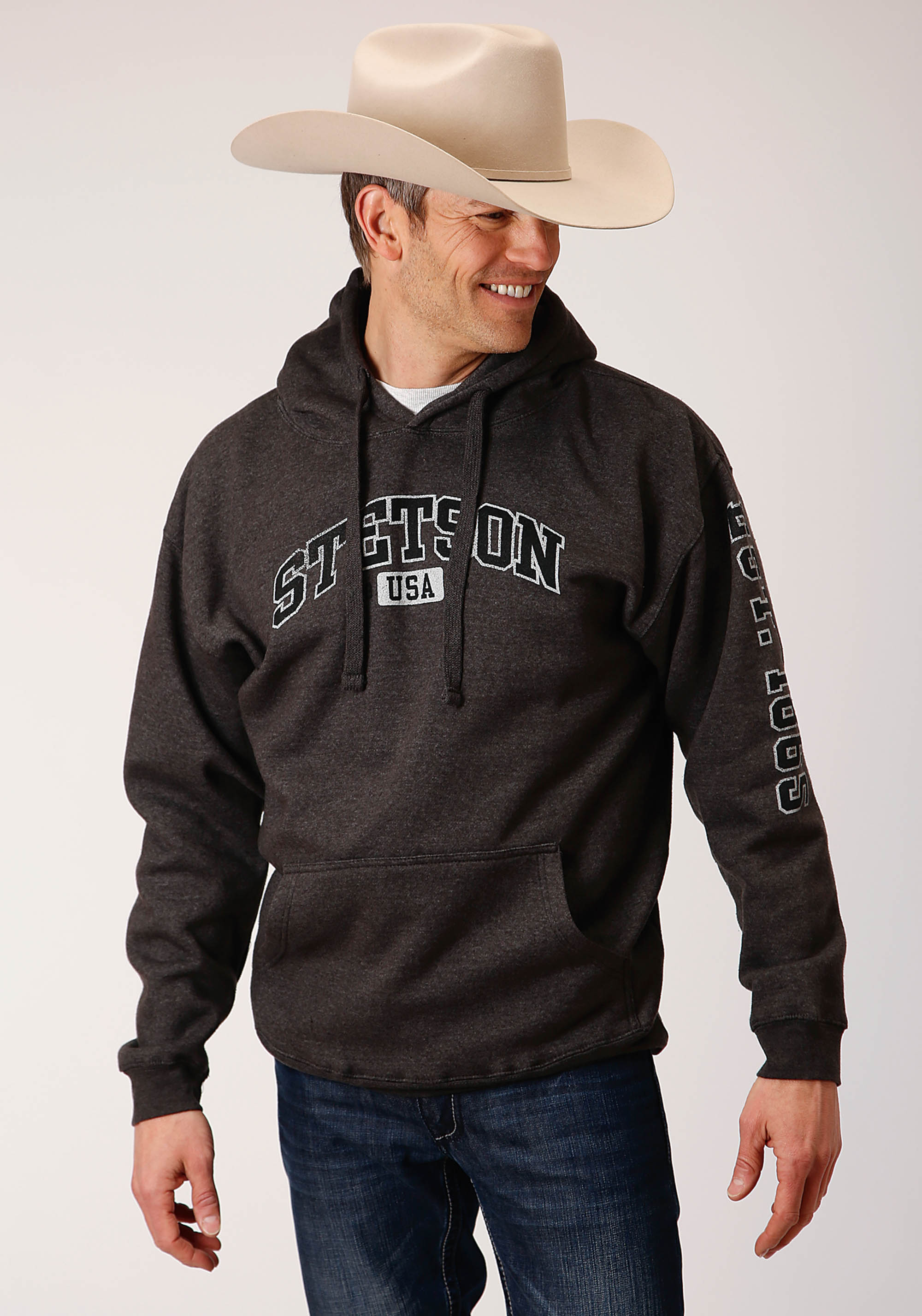 Charcoal Heather Fleece Hooded Sweatshirt Mens Grey Stetson Usa Athletic Block Screen