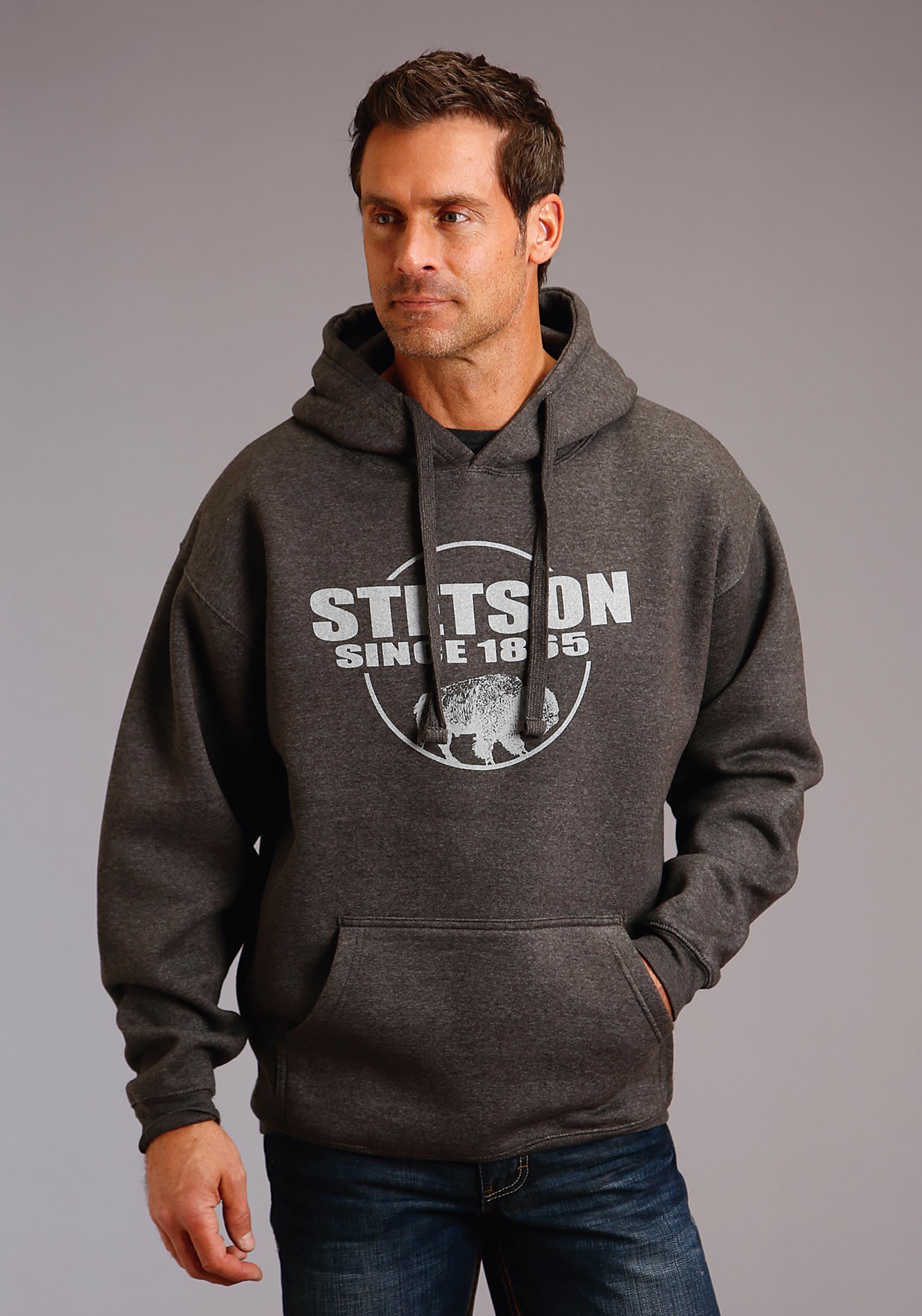 Bison Hoodie Mens Grey Stetson Bison Hoodied Sweatshirt