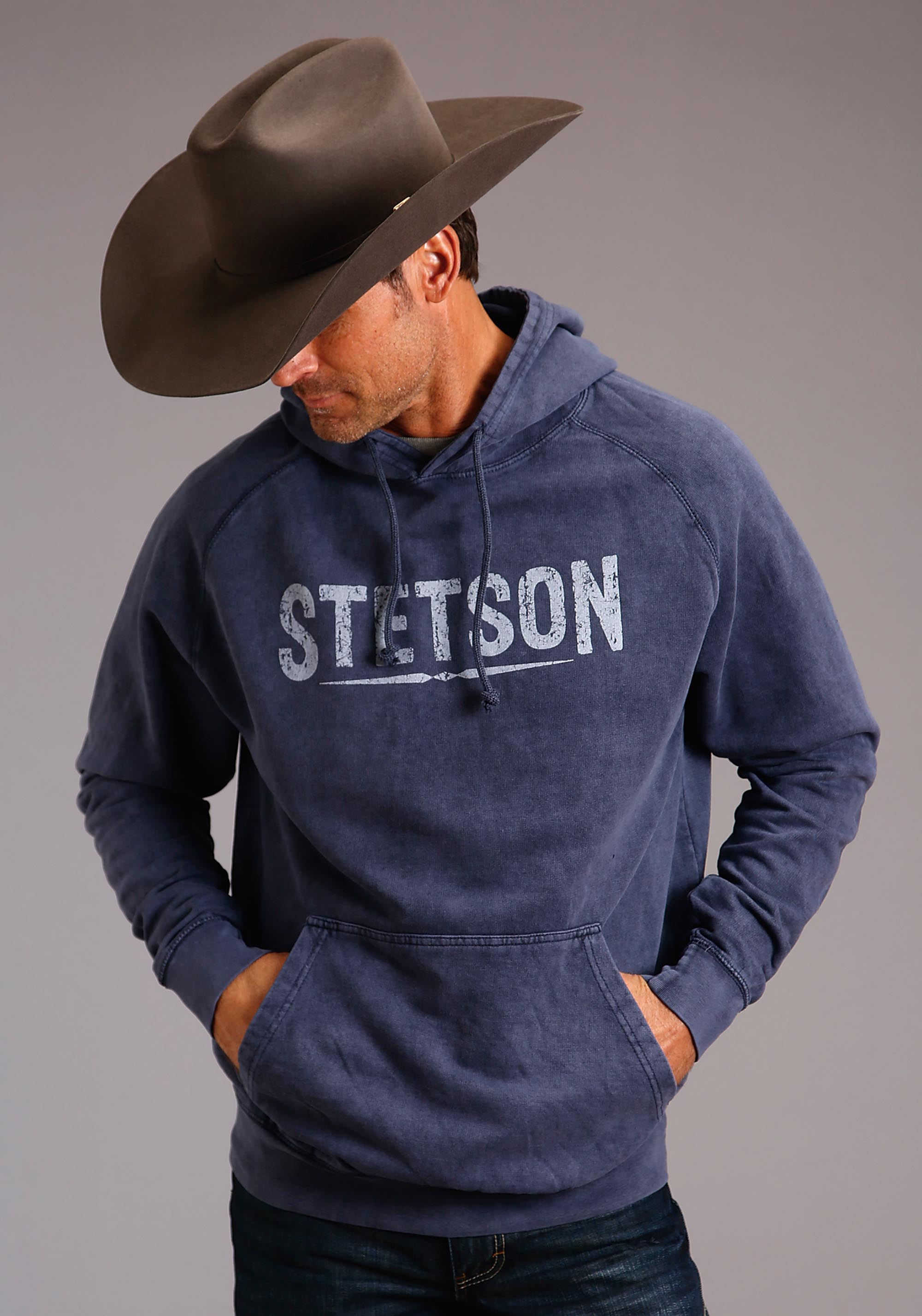 Distressed Logo Hooded Sweatshirt Mens Blue Stetson Distressed Scnr Print