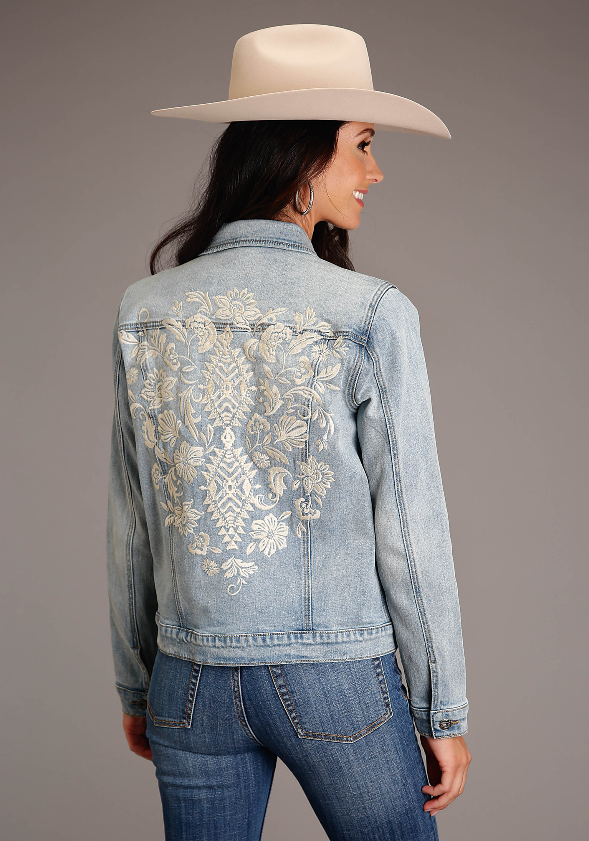 Stetson Women’s Collection- Summer I Womens Lt Blue Denim Jacket W/back Floral Emb