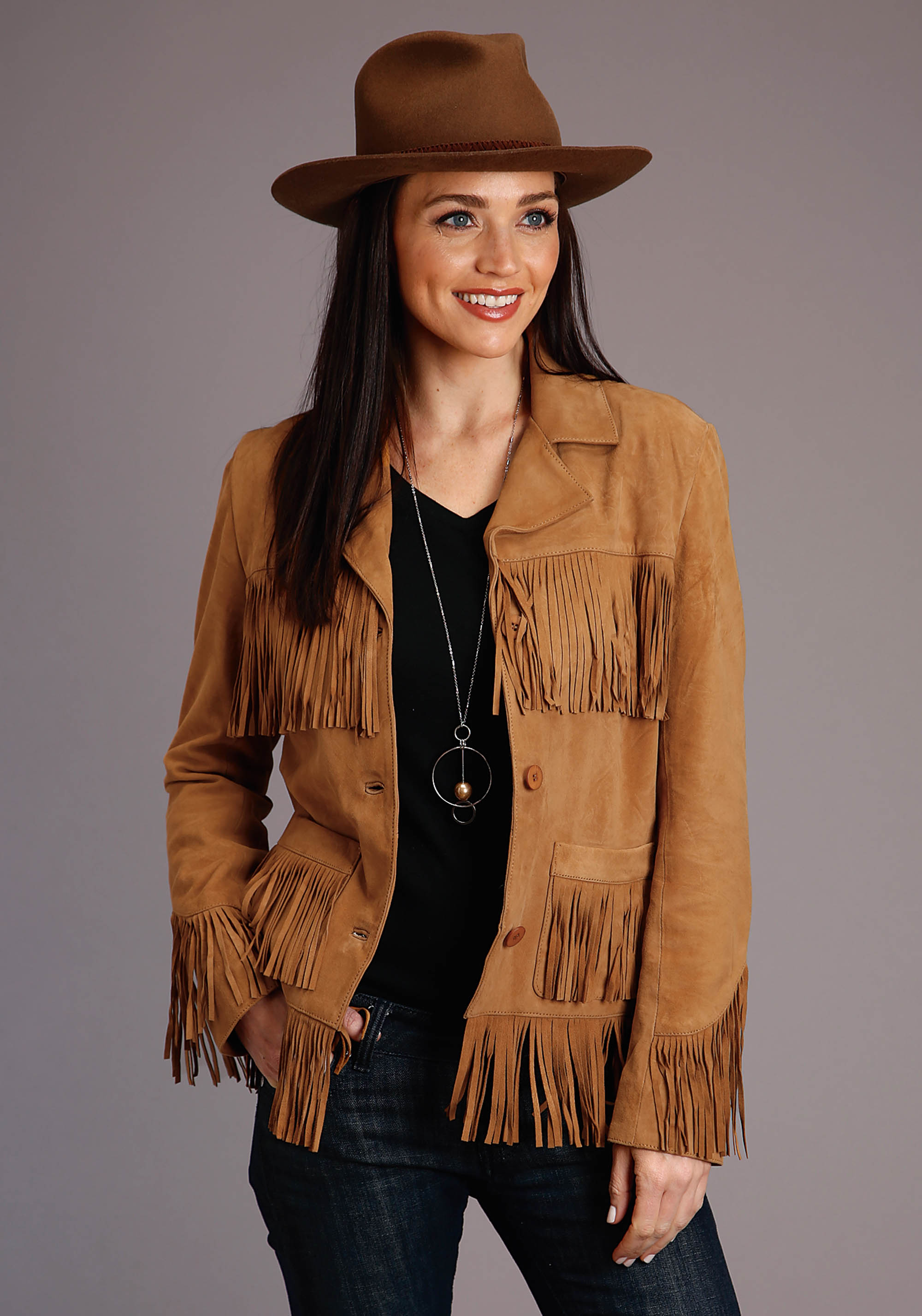 Stetson Women’s Collection- Outerwear Womens Tan Thick Suede Fringe Jacket