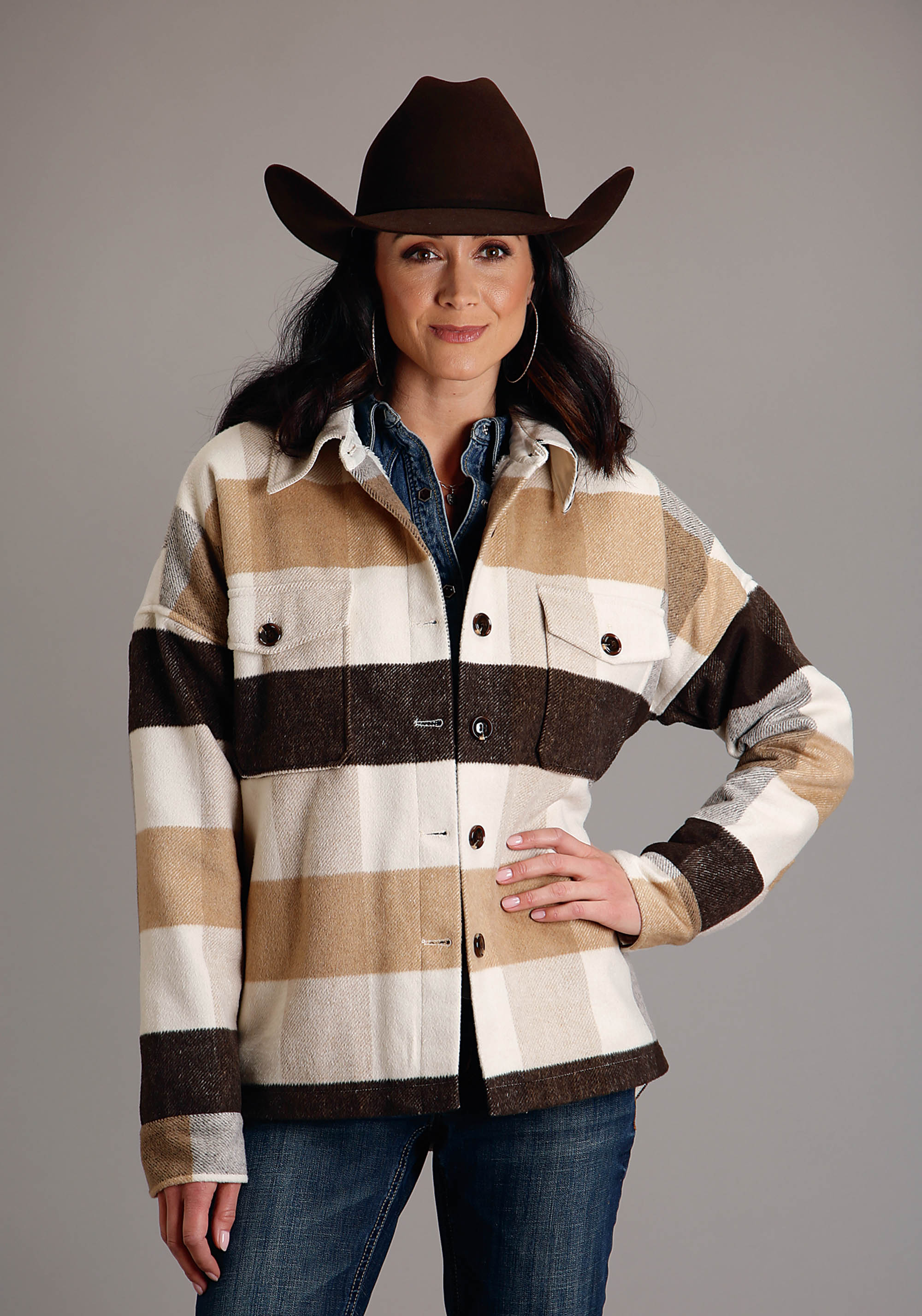 Stetson Women’s Collection – Outerwear Womens Brown 1868 Earthtone Oversize Plaid Jacket