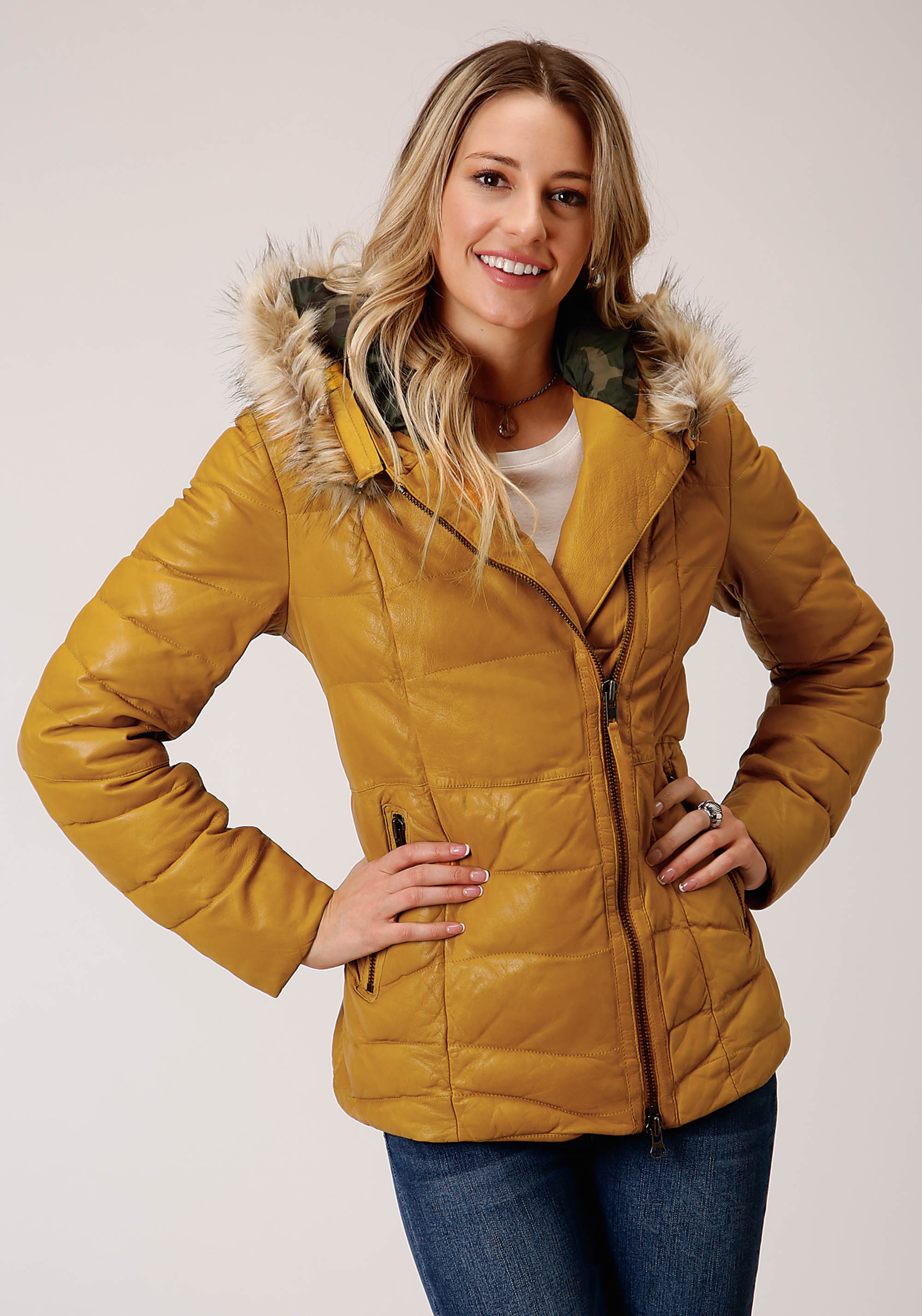 Stetson Women’s Collection- Outerwear Womens Gold Puffy Leather Jacket W/faux Fur Collar