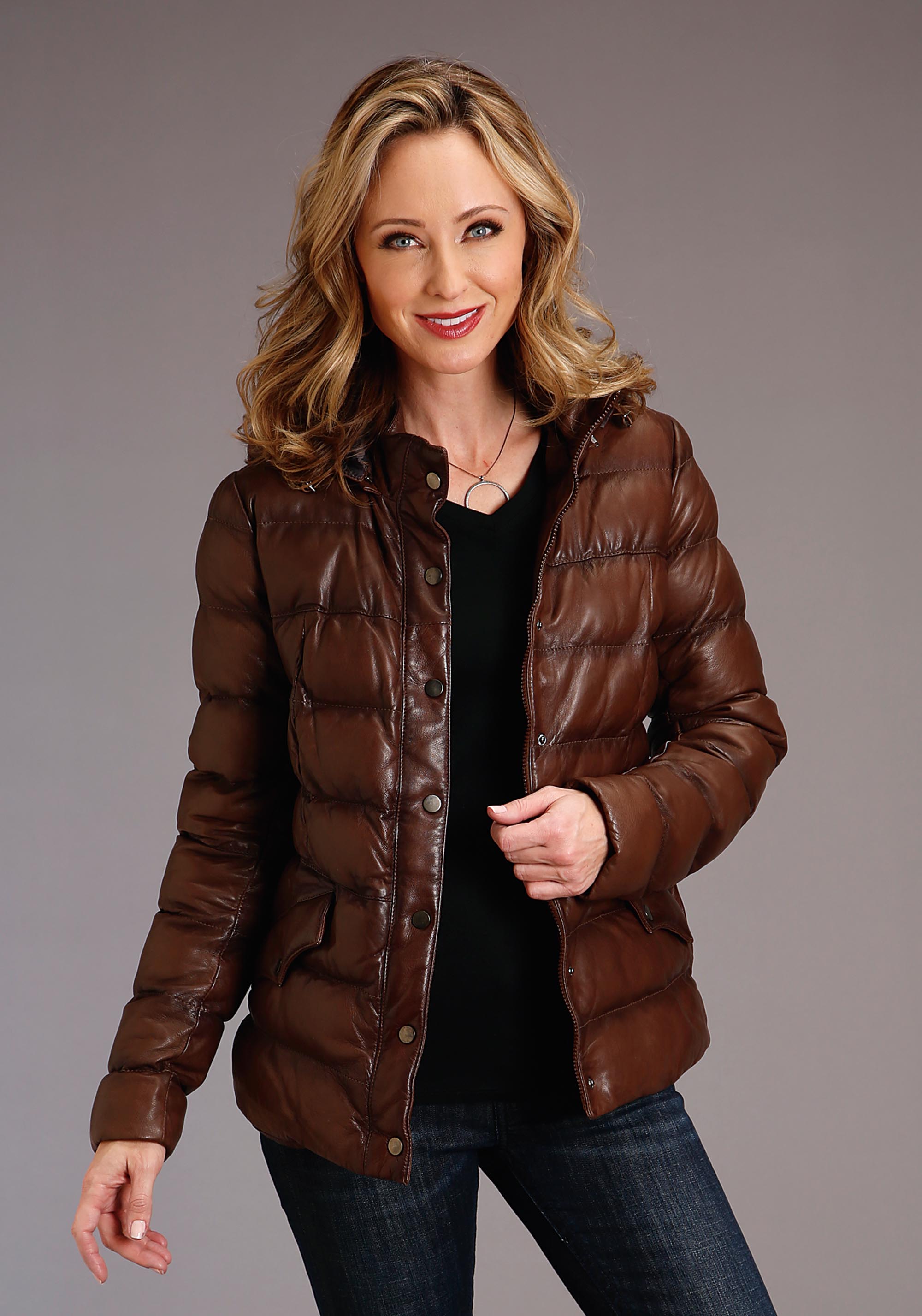 Stetson Women’s Collection- Outerwear Womens Antique Brown Leathe Puffy Jacket