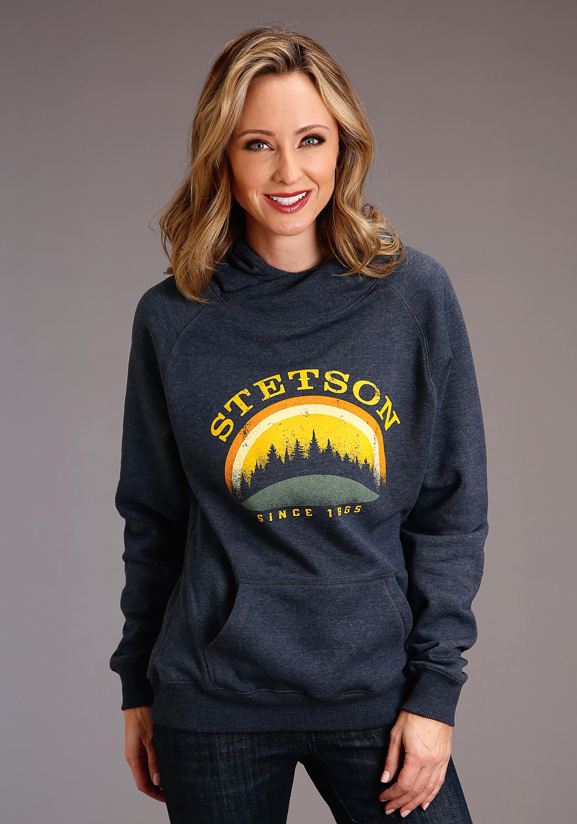 Great Outdoors Hooded Sweatshirt Womens Blue Stetson Sunset And Trees Screen Print